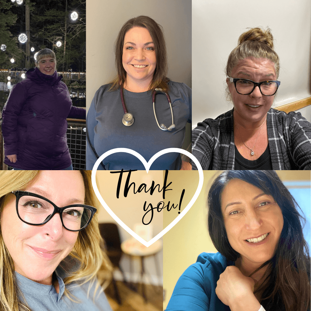 headshots of five Nurse Practitioners smiling with the text Thank you in the centre of a heart outline