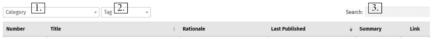 screen capture of policy tool with Category filter numbered as 1. and Tag filter numbered as 2. and Search filter numbered as 3.