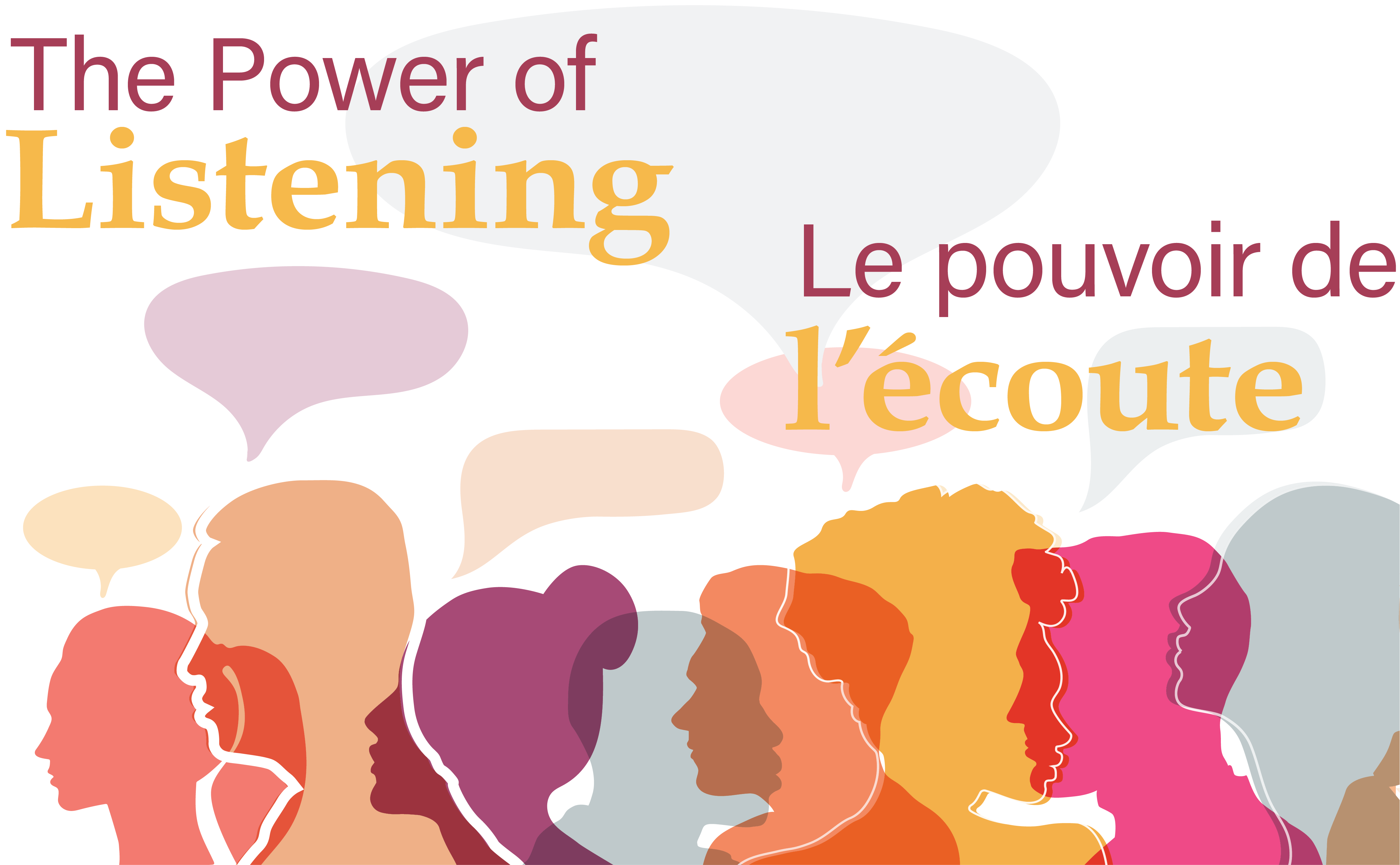 outlines of people in different colours with speech bubbles above them with words The power of Listening/Le pouvoir de l'écoute