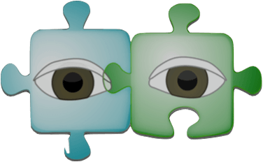 two puzzle pieces linked together with one eye in the centre of each