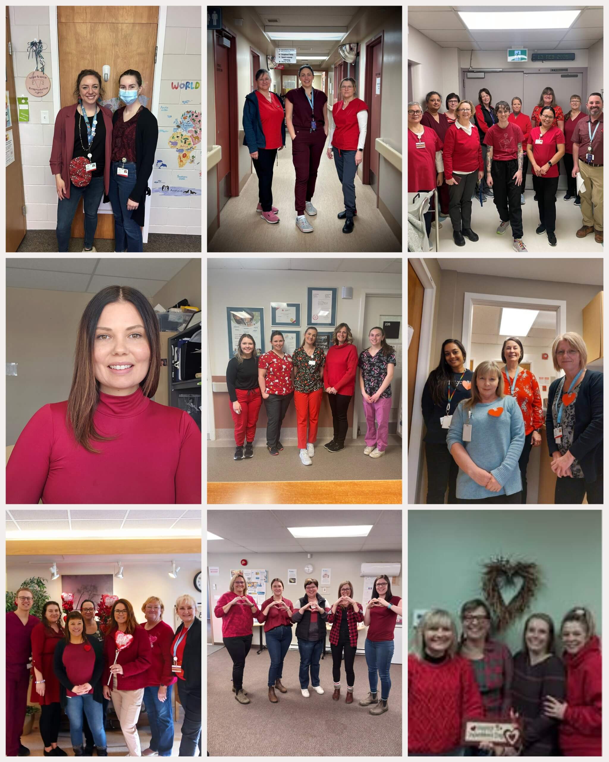 nine different photos of staff wearing red for Wear red day